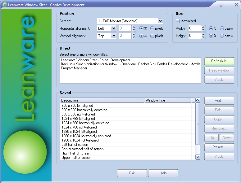 Leanware Window Sizer Main Window
